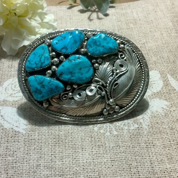 Navajo Turquoise Sterling Silver Belt Buckle with Artist Stamp